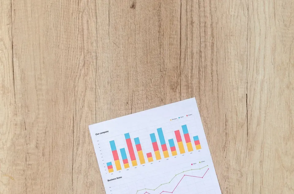 Printed financial charts and line graphs spread on a desk