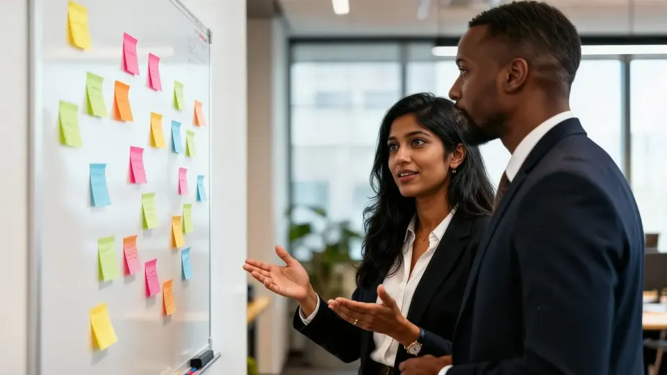 A team at a whiteboard discussing strategy, deciding what a rank change really means