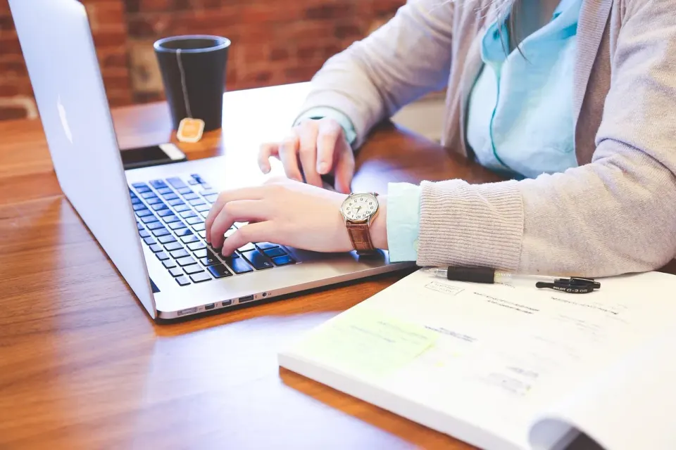 notebook, typing, coffee, computer