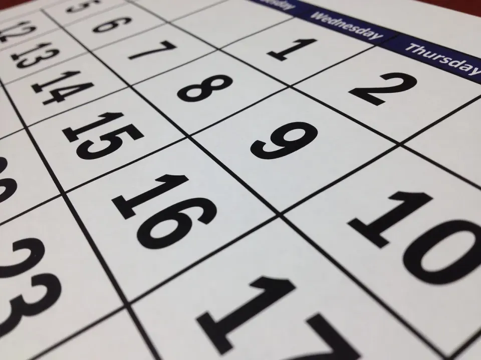 Wall calendar page showing the days of the month